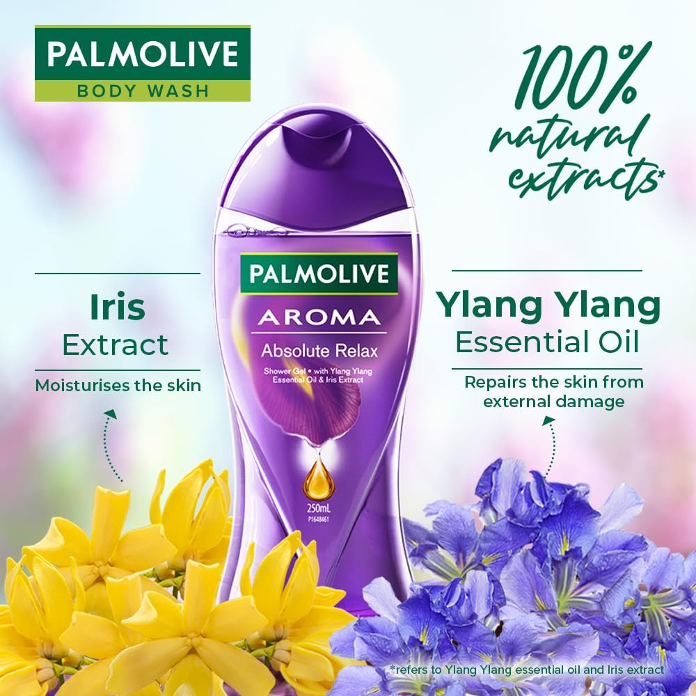 Palmolive Aroma Absolute Relax Body Wash, 250ml Shower Gel Single Bottle with a Free Loofah, 100% Natural Ylang Ylang Essential Oil & Iris Extracts for a Soft and Smooth Skin thumbnail