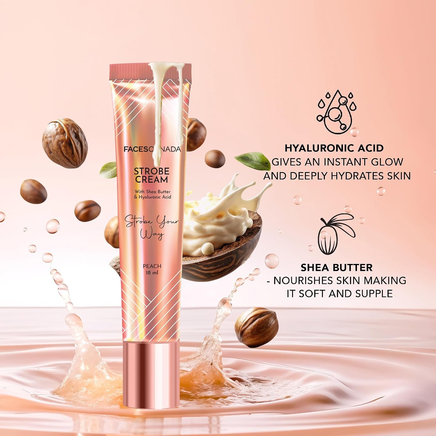 FACES CANADA Strobe Cream Mini- Peach, 18ml | Primer + Highlighter + Moisturizer | Illuminating & Glowing Makeup Base