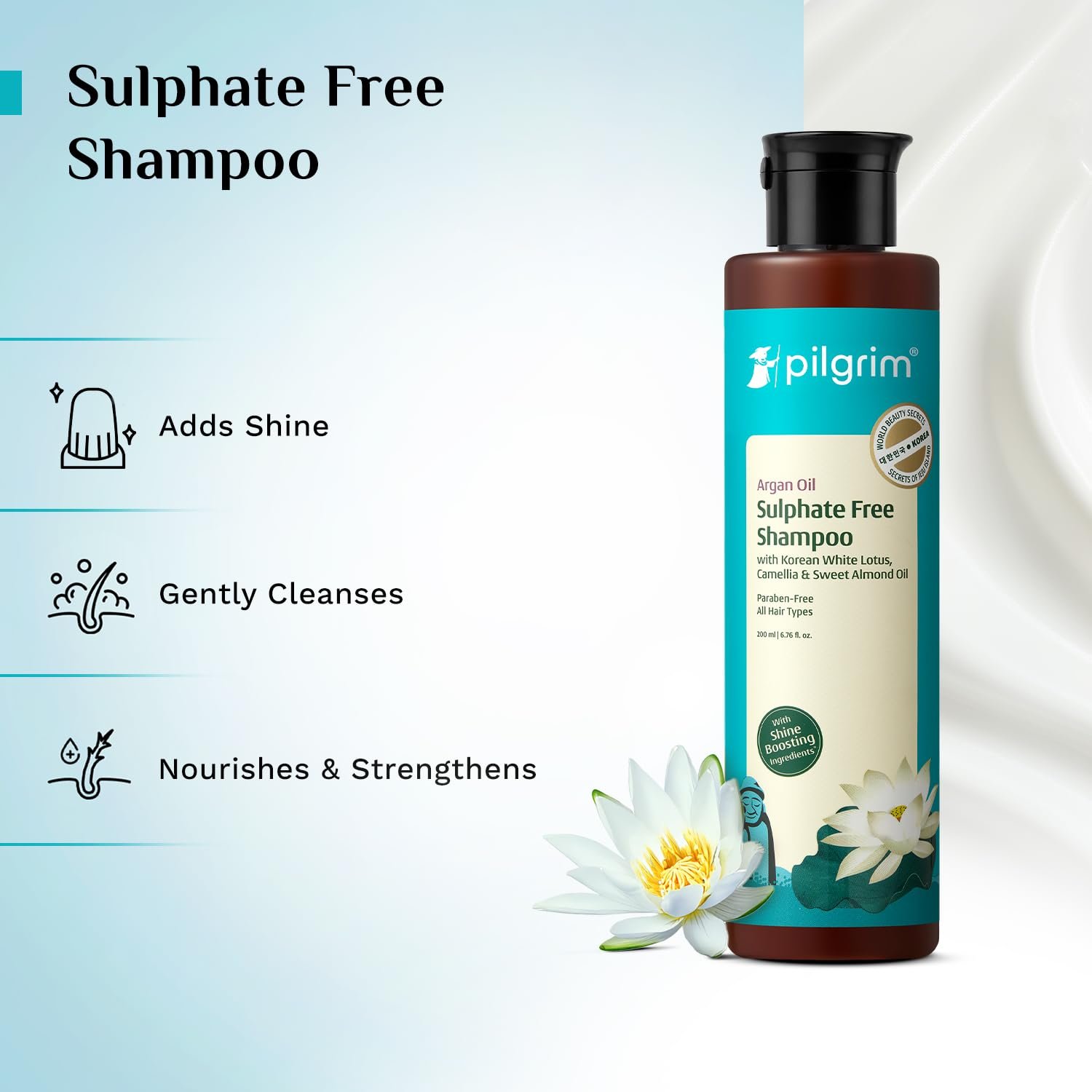 Pilgrim Mild Sulphate Free Shampoo (Argan Oil) For Dry Frizzy Hair, Men and Women, No Sulphate No Paraben, Korean Beauty Secrets (Shampoo), 200ml thumbnail