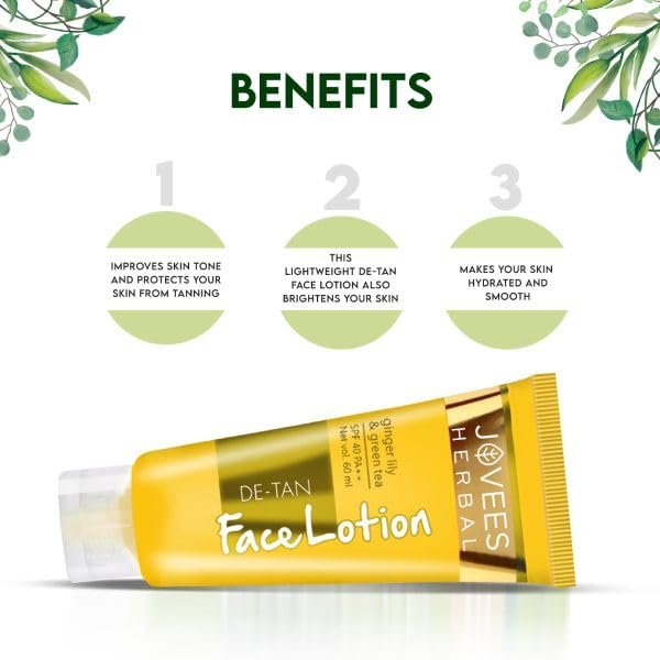 Jovees Herbal De-Tan Lotion SPF 40 PA++ For Hydrated and Glowing skin | Lightweight UVA/UVB Protection | Prevents Tanning and Pigmentation | All Skin Type 60ml thumbnail