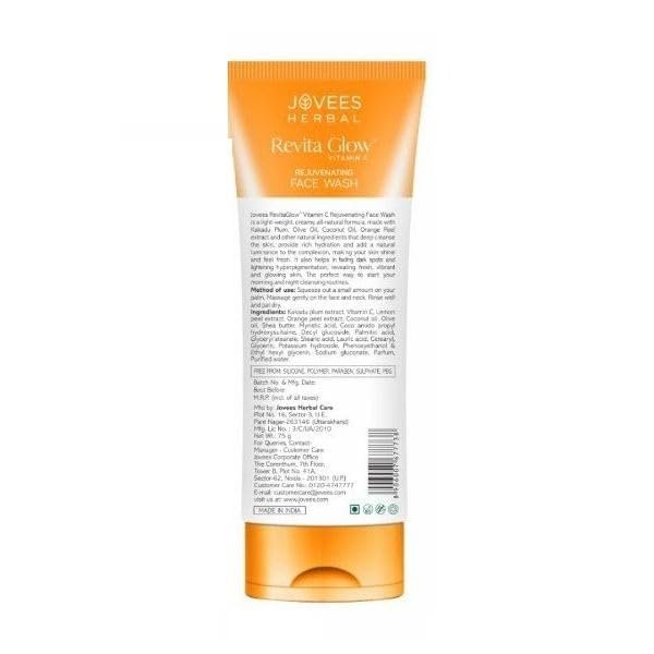 Jovees Herbal Revita Glow Vitamin C Face Wash For Glowing And Brightening Skin | Gentle Skin Hydrating & Rejuvenating Face Wash Cleanser with Kakadu Plum and Olives | For All Skin Types- 75g thumbnail