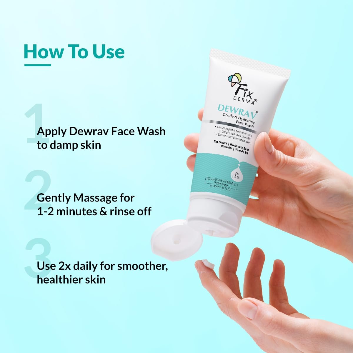 Fixderma Dewrav Gentle & Hydrating Face Wash with 6% Oats Extract, Hyaluronic Acid & Vitamin B5, Soothes Irritated Skin, Provides Hydration, Face Cleanser For Sensitive, 100ml thumbnail