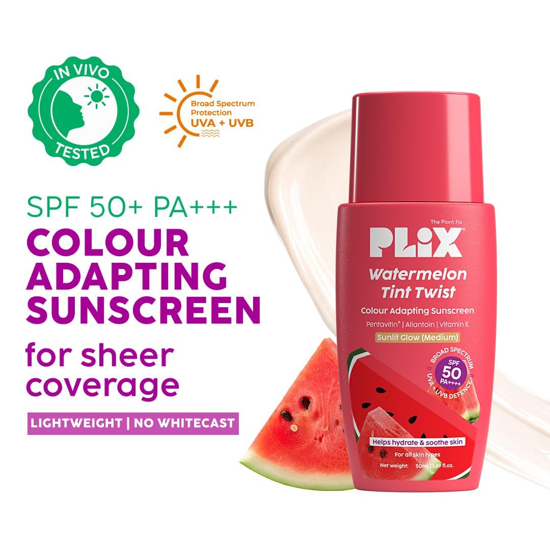 PLIX - THE PLANT FIX Watermelon Tint Twist Color-Adapting Sunscreen | For light coverage & instant glow | SPF 50 PA++++ Medium Sunlit Glow thumbnail