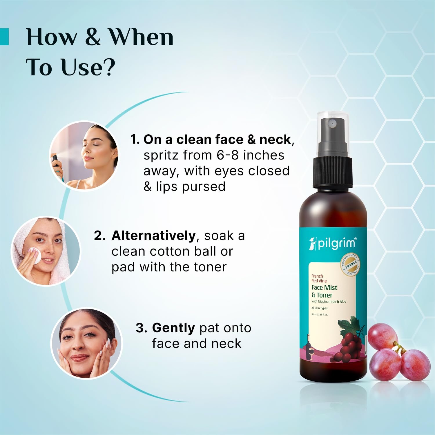 Pilgrim Alcohol Free Red Vine Face Toner Spray with Vitamin B3 and Aloe, Face Mist Spray For Anti Ageing, Glowing Skin, Dry, Oily Skin, Men & Women,100ml thumbnail