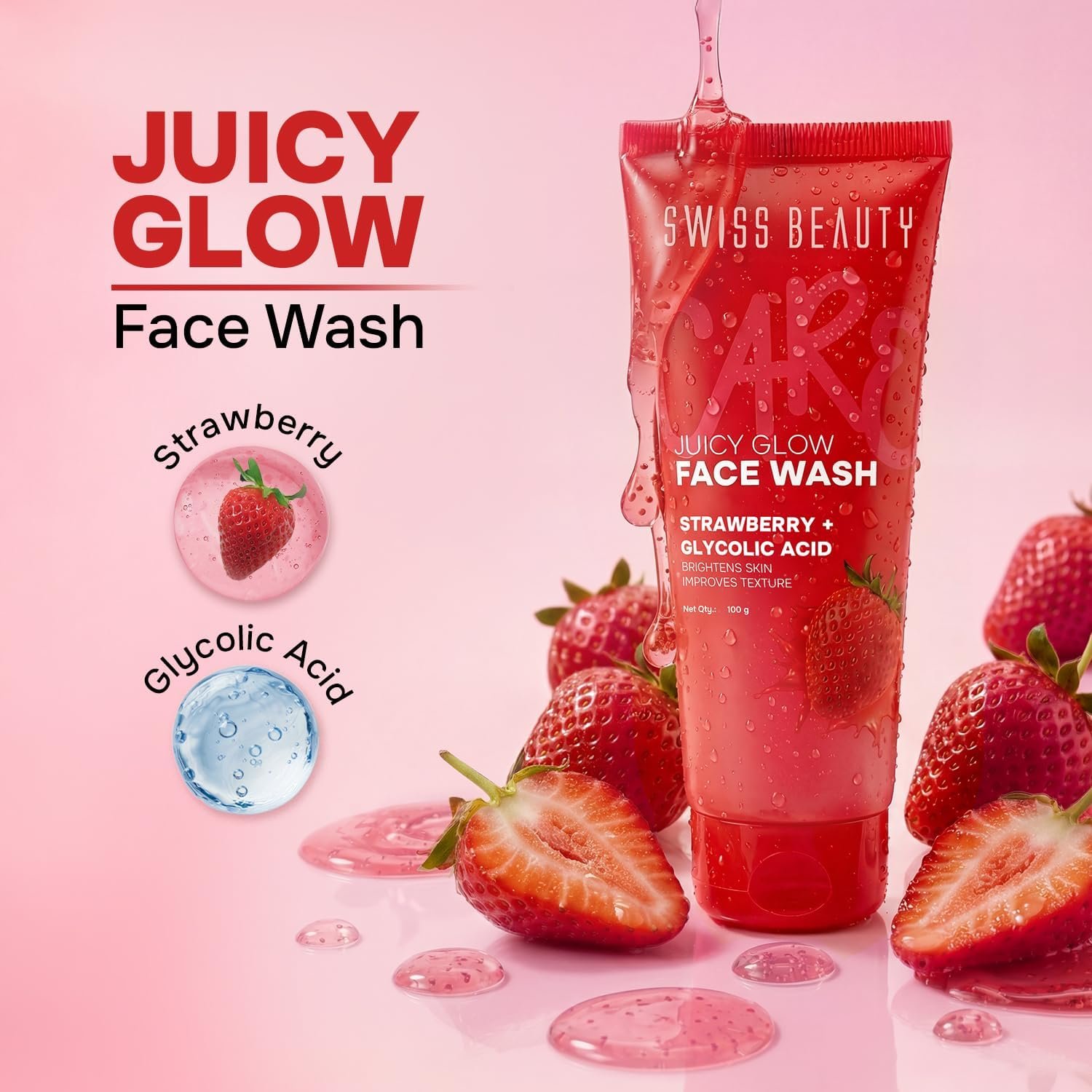 Swiss Beauty Care Juicy Glow Face Wash | Strawberry + Glycolic Acid | Removes Dirt & Grime | Refreshes and Revitalises Refines Skin Texture | Gently Exfoliates - 100g thumbnail