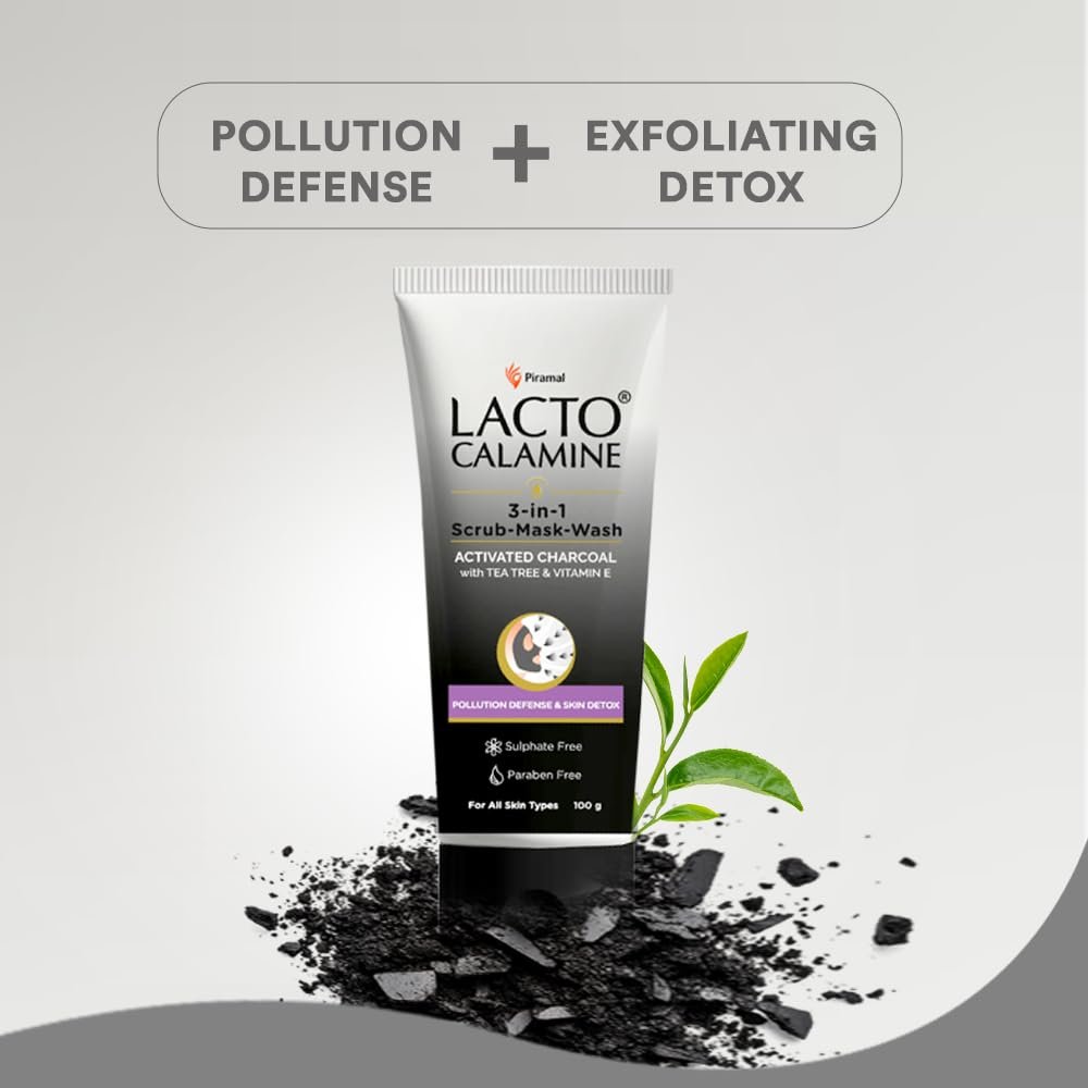 Lacto Calamine 3-in-1 Charcoal Face Scrub-Mask-Wash for Pollution Defence | 100 ml x 1 | Multi-action Encapsulated Charcoal Face Wash, Face Scrub thumbnail