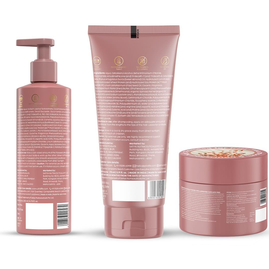PLIX THE PLANT FIX Flaxseed Keratin Smoothening Mask, Shampoo & Conditioner | Plant Keratin PF | Flaxseed Oil | Softer, Smoother Hair | Pack of 3 | 200gm + 200ml + 175ml | thumbnail