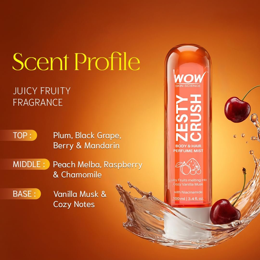 WOW Skin Science Zesty Crush Unisex Body & Hair Perfume Mist | Juicy Fruity Vanilla Musk Fragrance with Niacinamide | 100ml thumbnail