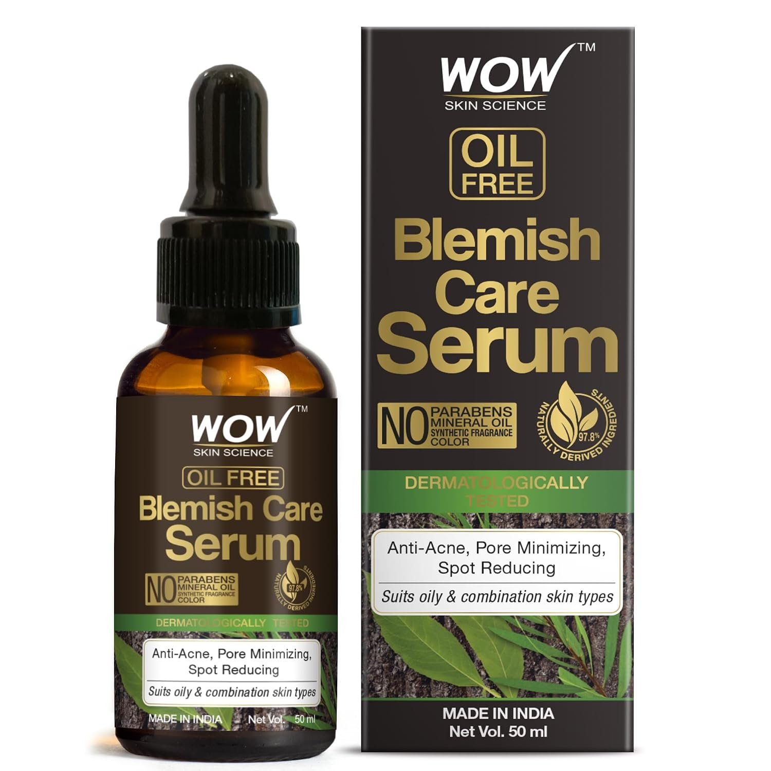 WOW Skin Science Blemish Care Serum - OIL FREE - Anti Acne, Spot Reducing - No Parabens, Silicones, Synthetic Fragrance & Color - 50ml