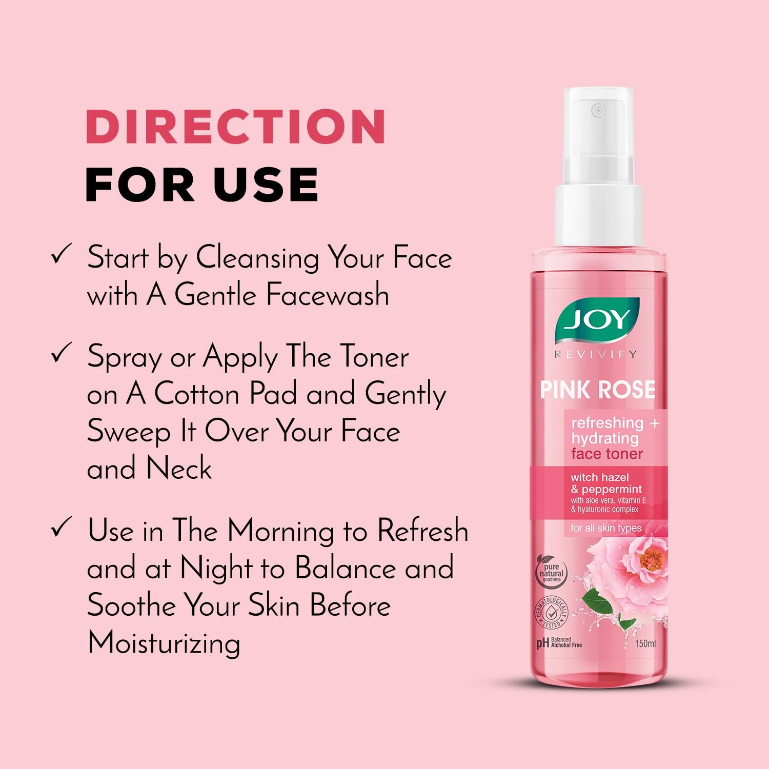 Joy Pink Rose Water Toner with Vitamin E, Hyaluronic Acid & Aloe Vera for Hydrating & Refreshing Skin (150ml) | Alcohol Free Toner with Natural Rose Aroma | Get Glowing Skin for All Skin Typ thumbnail