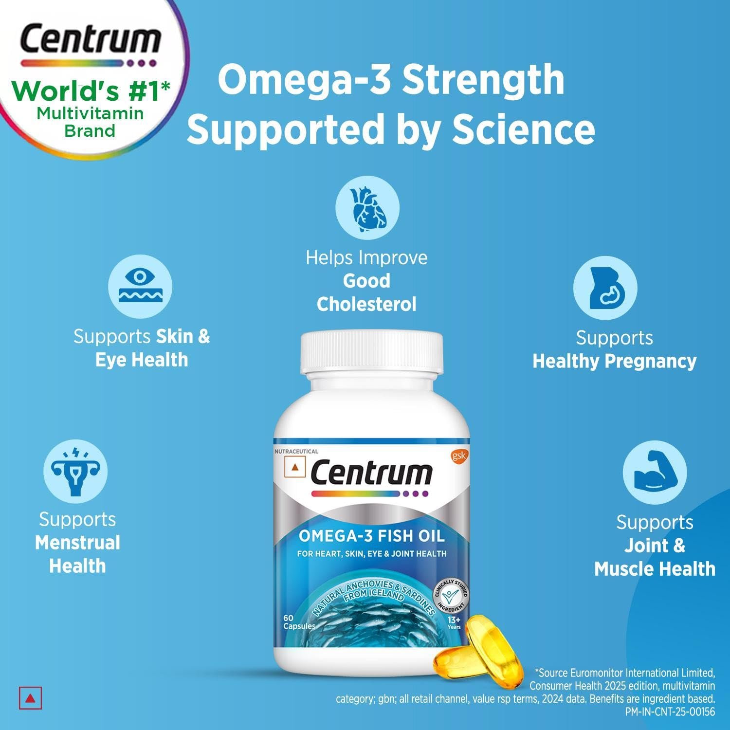 Centrum Omega 3 Fish Oil Capsules 1000mg Supplements | Omega 3 with 180mg EPA, 120mg DHA for Hair and Skin Health, Joint Health, Brain Health | No Fishy Aftertaste - 60 Capsules thumbnail