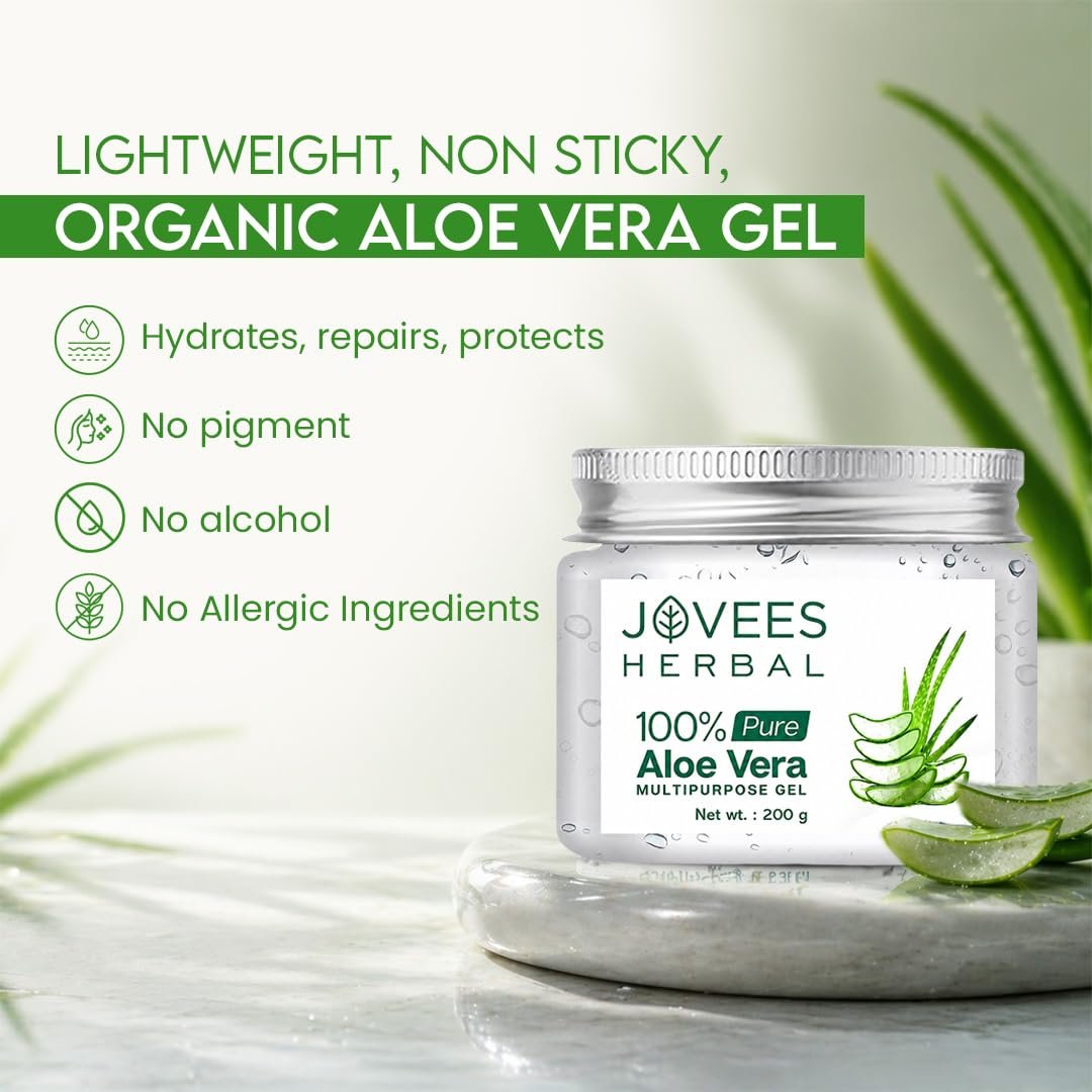 Jovees Herbal 100% Pure Aloe Vera Gel for Face, Hair (200gm) | Hydrating & Soothing Gel for Acne Scars, Blemishes, Anti-Aging & Skin Redness | Multipurpose Aloe Vera Gel for Moisturization thumbnail