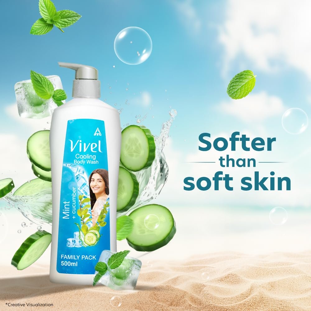 Vivel Cooling Body Wash, Mint & Cucumber Shower Gel, 500 ml Pump Bottle, Refreshing, Moisturizing & Fragrant Bodywash, For Soft, Smooth & Fresh Skin, For Women & Men thumbnail
