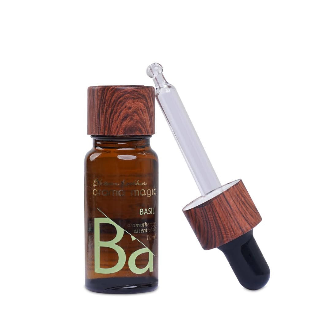 Aroma Magic Basil Essential Oil – 100% Pure Ocimum Basileus | Relieves, Calms Nerves | Natural Remedy for Acne, Cold, & Stress – 10ml