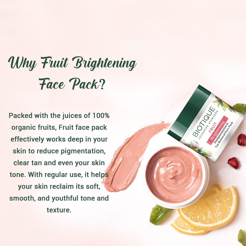 Biotique Fruit Brightening Depigmentation and Tan Removal Face Pack| Ayurvedic and Organically Pure| Tan Removal Face Pack for All Skin Types|100% Botanical Extracts| 75gm thumbnail