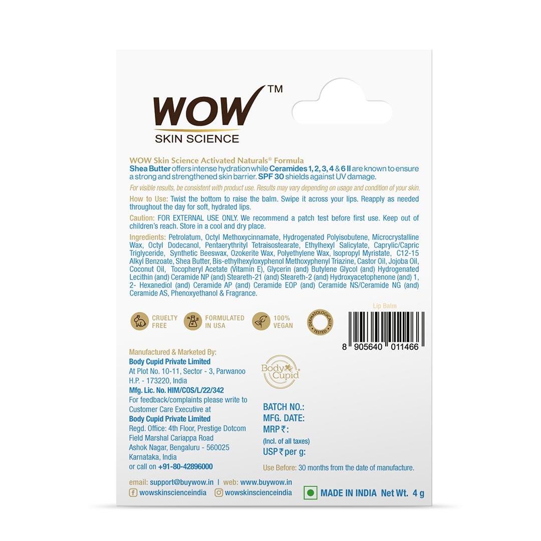 WOW Skin Science Shea Butter Nourishing Lip Balm with Ceramides – Hydrating Lip Balm for Dry, Chapped Lips | Strengthens Lip Skin Barrier | SPF 30 | 4g thumbnail