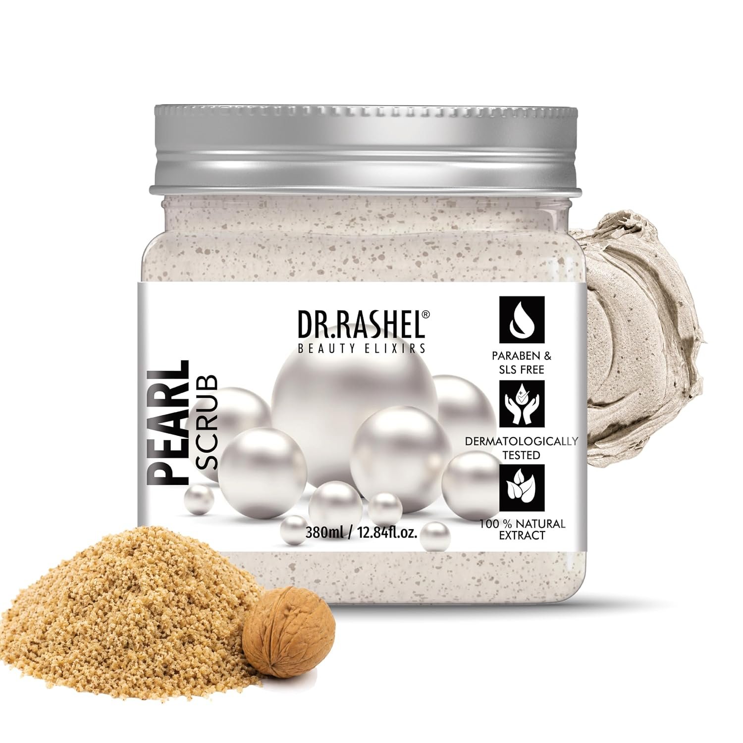 DR.RASHEL Beauty Elixirs Pearl Scrub with Pearl Extract for Face & Body Deep Exfoliating Cleanser for Tan, Dead Skin & Blackhead Removal Radiant Glow 380 ml