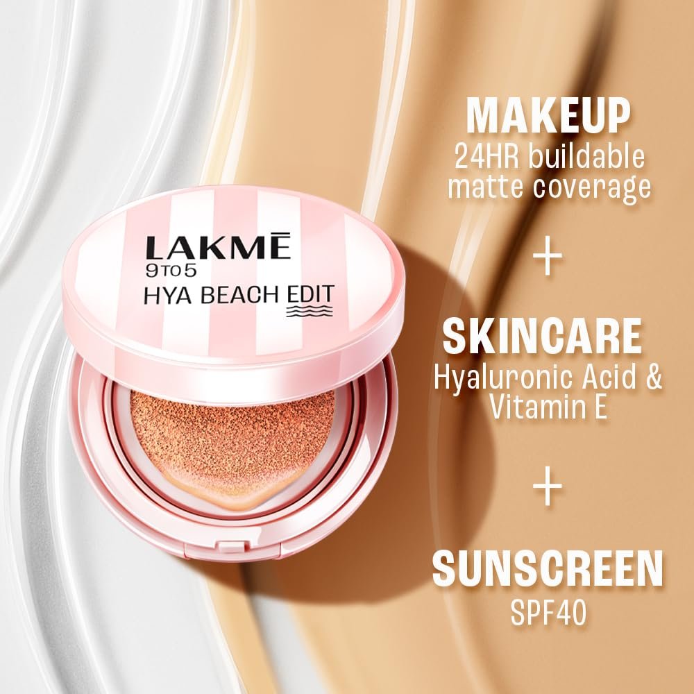 Lakme 9to5 Hya Matte, Beach Edit Cushion Foundation, W 180-Warm Natural, Matte Finish, Buildable Coverage, SPF 40, 12 gm thumbnail