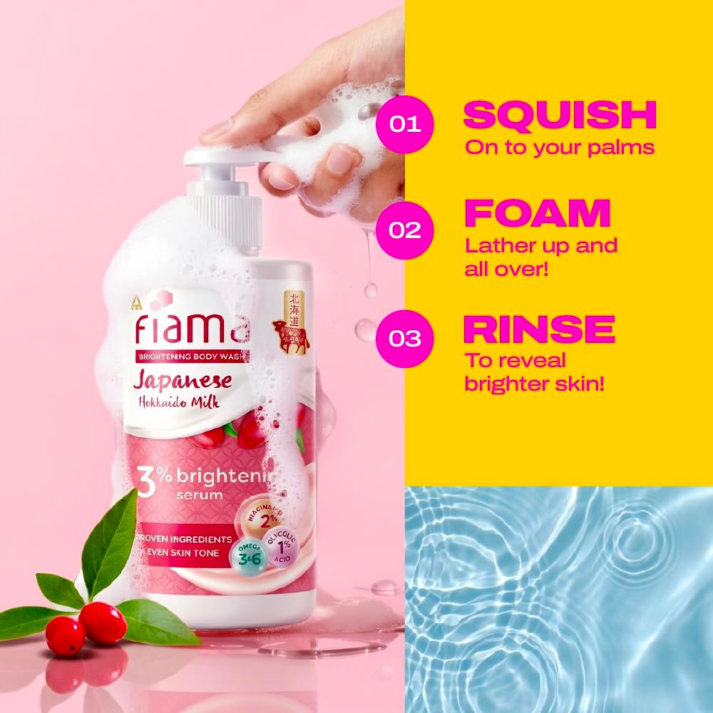Fiama 3% Brightening Serum Body Wash 250ml | 2% Niacinamide, 1% Glycolic Acid, Omega 3 & 6 Fatty Acids Shower Gel, Fights Dullness & Evens Skin tone | Exotic Japanese Hokkaido Milk thumbnail