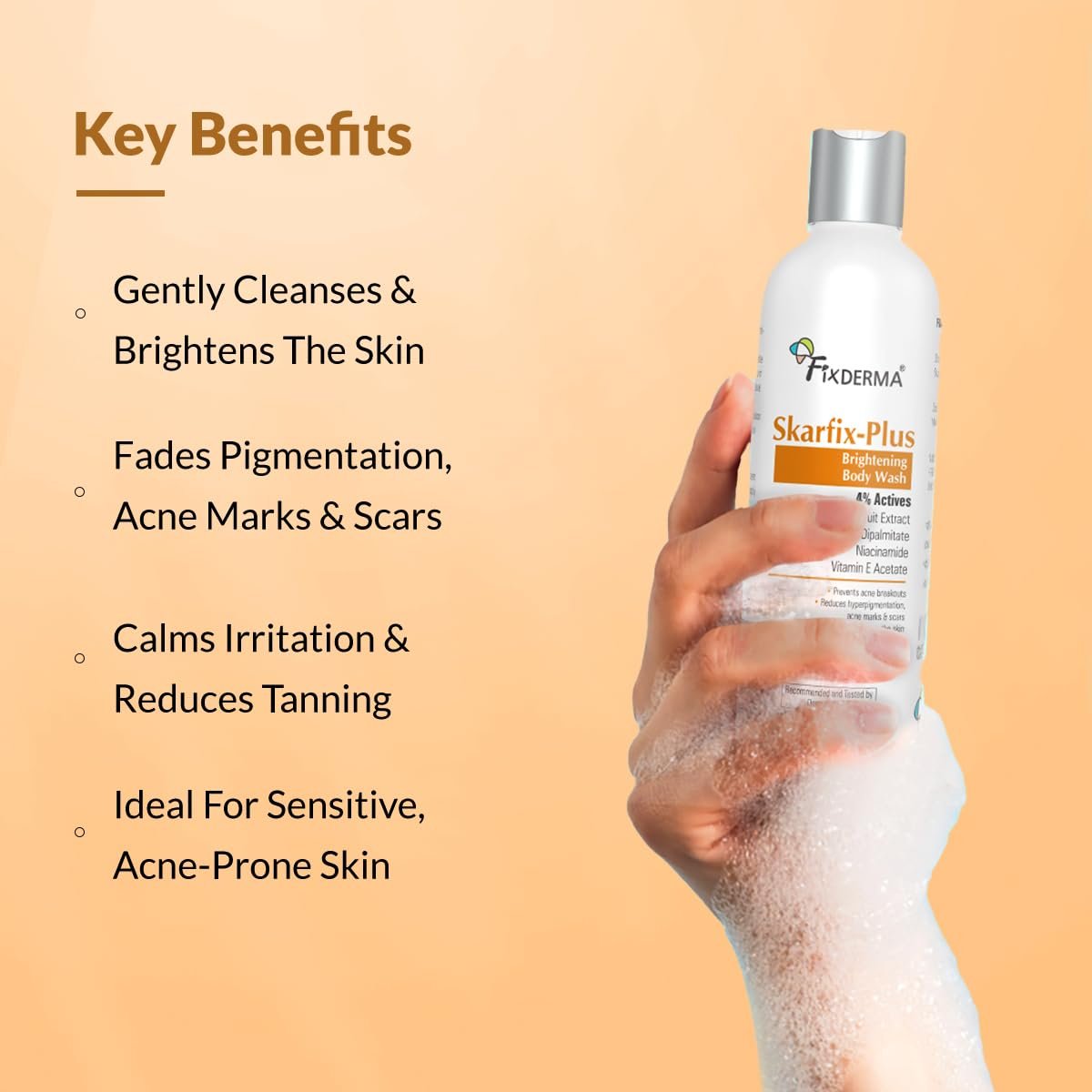 Fixderma Skarfix Plus Brightening Body Wash with 4% Actives (Kojic Acid, Niacinamide Acid, & Vitamin E) | Skin Brightening Body Wash Shower Gel | For Hyperpigmentation & Acne Marks - 200ml thumbnail