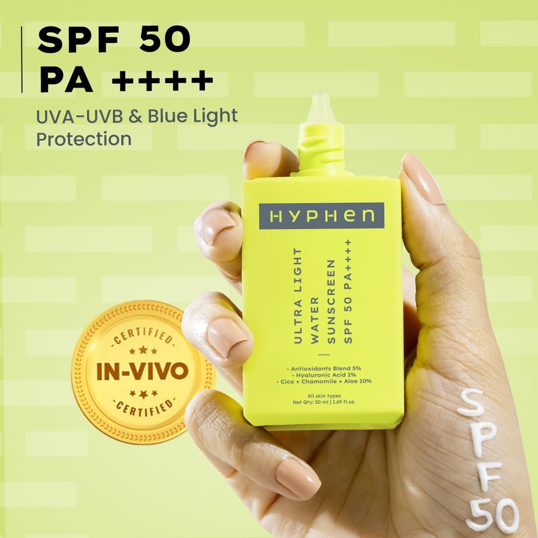 Hyphen 1% Hyaluronic Ultra Light Water Sunscreen SPF 50 PA ++++ | In-Vivo certified | Broad Spectrum & Blue Light Protection | Contains 5% Antioxidants Niacinamide Vitamin E -50ml thumbnail