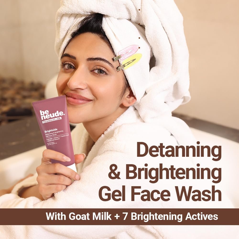Be Neude Brightside 100ml Detan & Brightening Gel Face Wash with Goat Milk, Vitamin C & Tartaric Acid for Dark Spot Removal, Pigmentation & Glow, Face Wash for Men & Women thumbnail