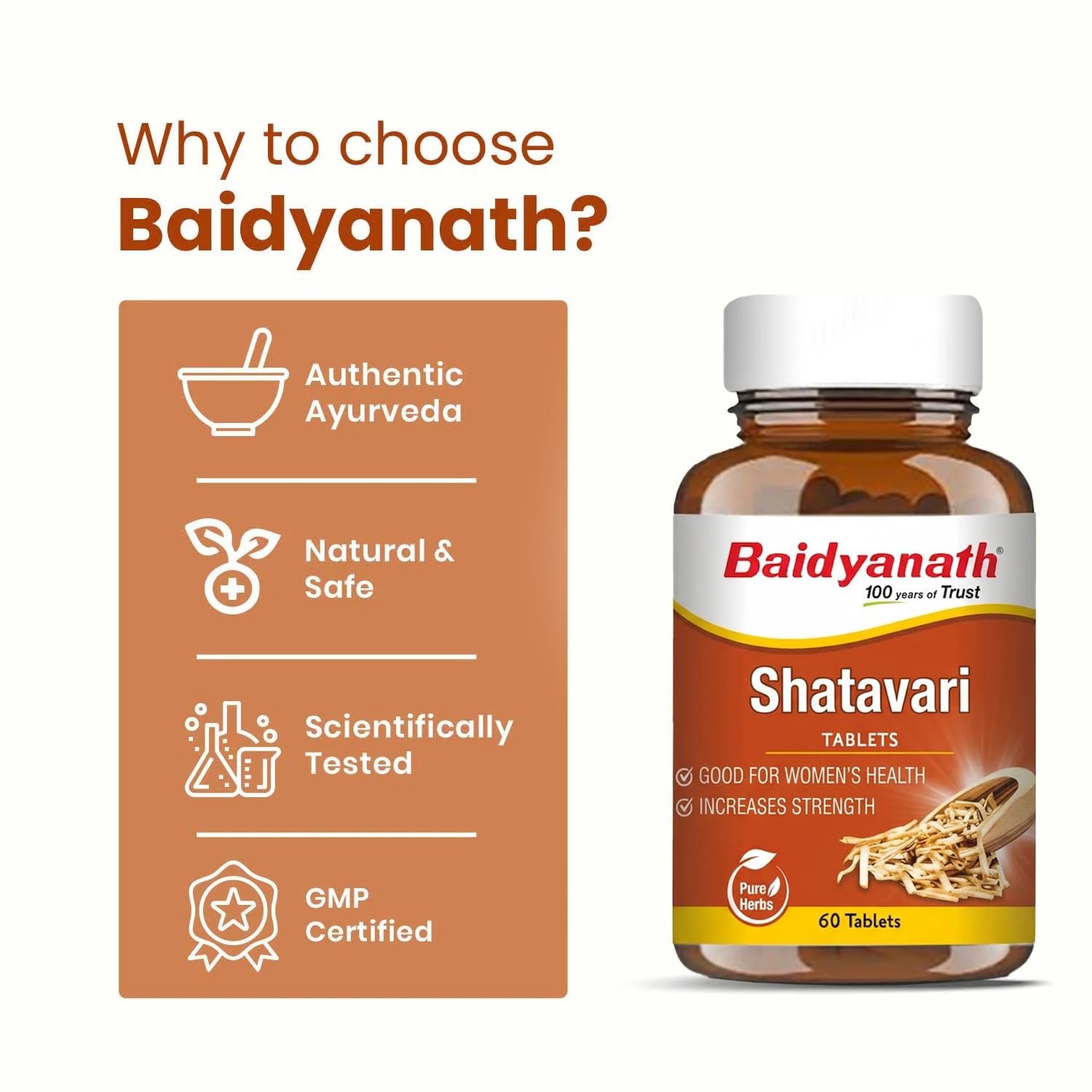 Baidyanath Ayurved Shatavari Tablets - 60 Tabs | Hormonal Balance and Wellness Support for Women thumbnail