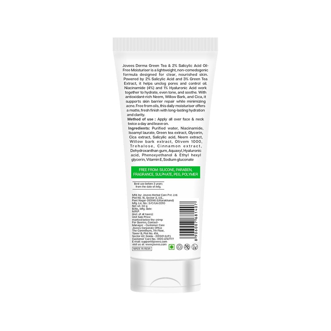Jovees Derma Green Tea Light Moisturizer | With 1% Hyaluronic & 4% Niacinamide | Fights Pimples & Hydrates | Fades Dark Spots & Brightens Skin | Non-Sticky Moisturizer | 50g thumbnail