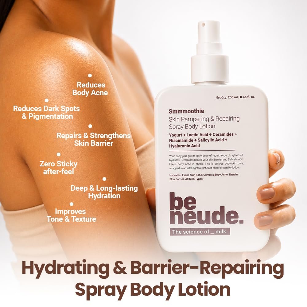 Be Neude Body Lotion with Ceramide, Lactic Acid, Niacinamide & Hyaluronic Acid for Deep Hydration, Barrier Repair & Dark Spot Reduction, Ultralight, Non-Sticky Body Lotion Smmmoothie, 250ml thumbnail