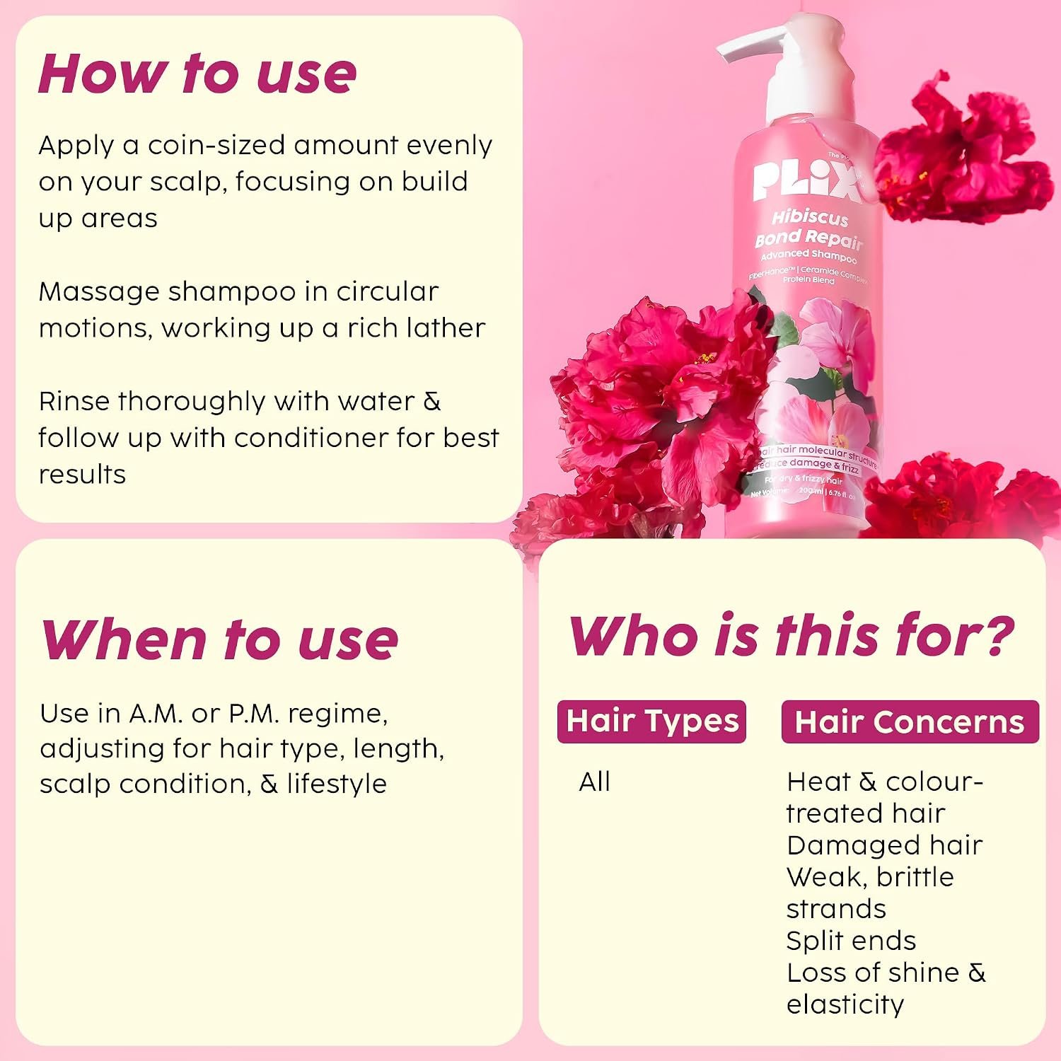 PLIX - THE PLANT FIX Hibiscus Bond Repair Advanced Shampoo For Damaged, Frizzy Hair - 200Ml | Repair Hair Molecular Structure | Fiberhance & Hibiscus Extract | Men & Women thumbnail