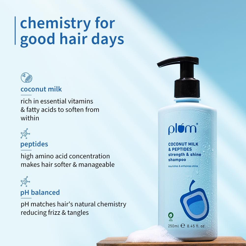 Plum Coconut Milk & Peptides Strength & Shine Shampoo | 22X Smoother Hair | With Coconut Milk & Pea Peptide | Smoothening & Strengthening | Paraben-Free, 100% Vegan, 250ml thumbnail
