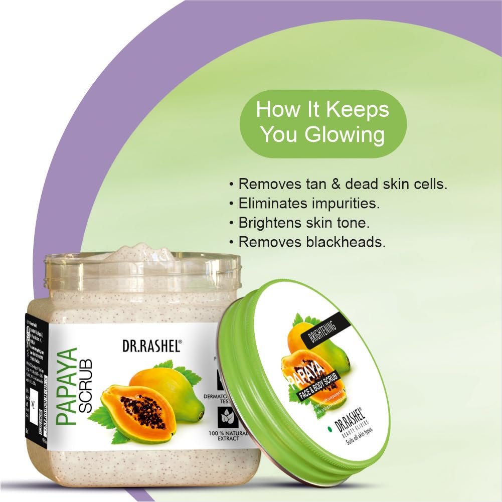 DR.RASHEL Papaya Scrub For Face & Body (380 ML) | All Skin |Cleanser For Deep Exfoliation | Dead Skin Remover| Tan Removal | Blackhead Remover thumbnail