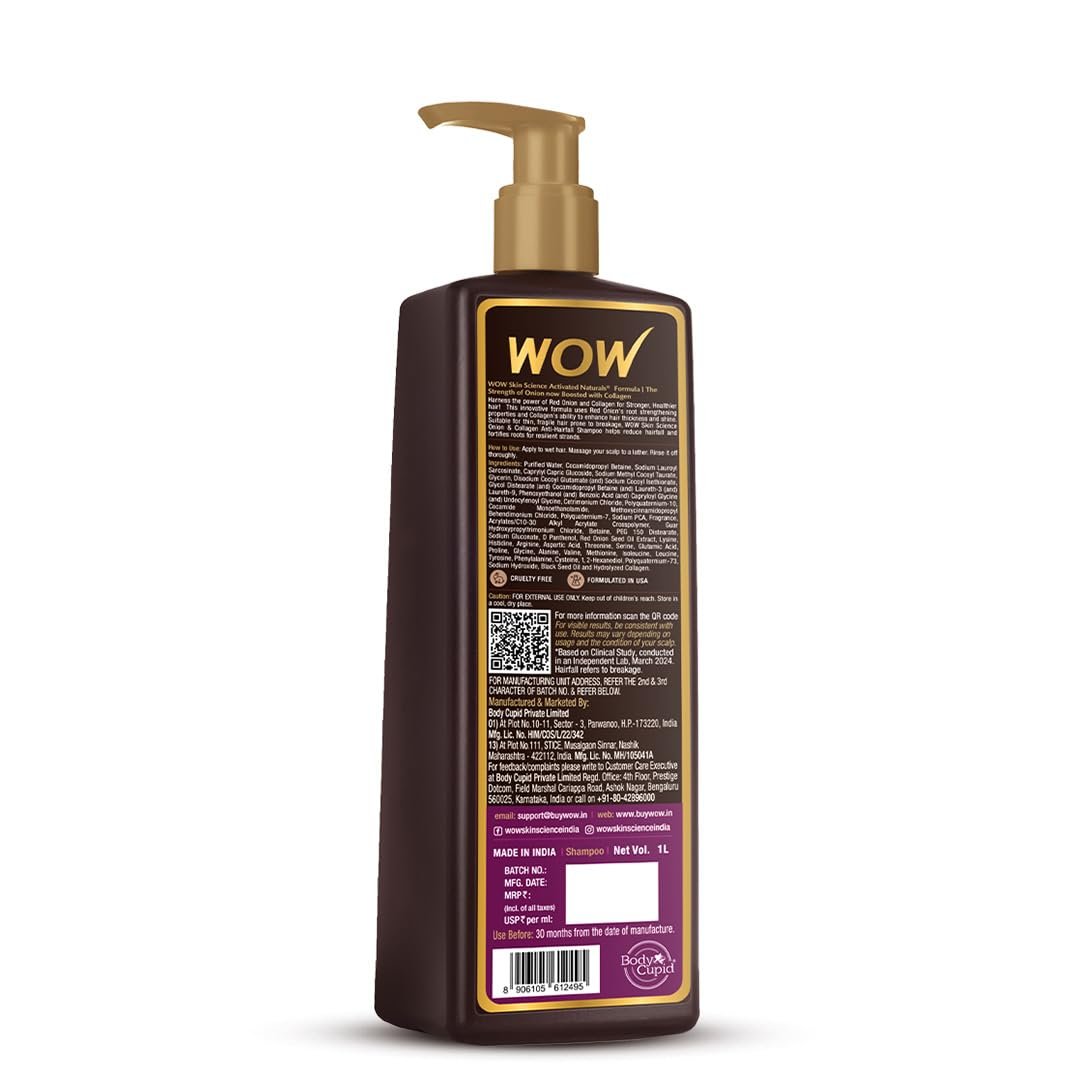 WOW Skin Science Onion + Collagen Anti-Hairfall Shampoo| Controls Hair fall | Helps Strengthen Hair | No Sulphate No Paraben | For Men & Women - 1ltr thumbnail