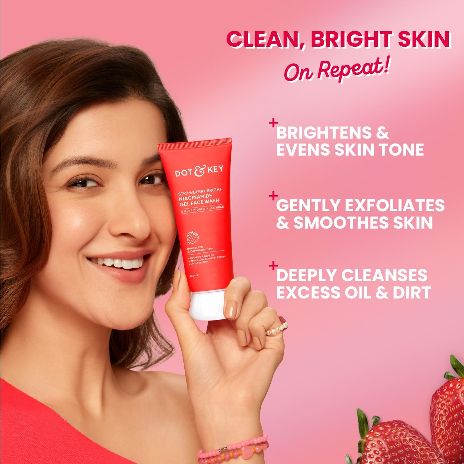Strawberry Bright Niacinamide Gel Face Wash, Non-Drying Formula, Brightens & Smoothes, Evens Skin Tone, Reduces Excess Oil, Unclogs Pores, Deeply Cleanses 100g thumbnail