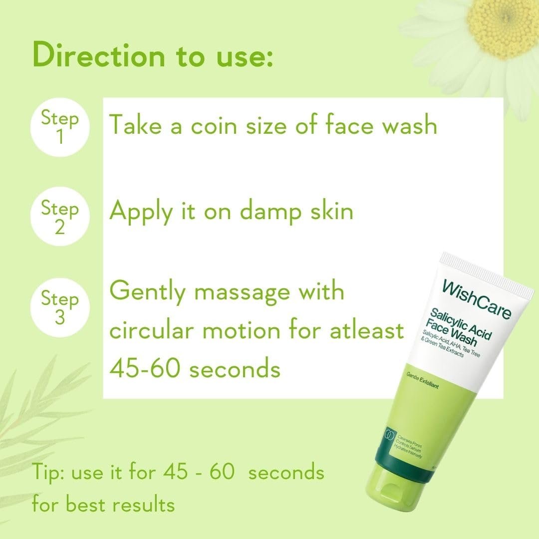 WishCare Salicylic Acid Face Wash For Women & Men | Reduces Acne & Controls Oil | With AHA, Green Tea, Chamomile & Tea Tree | Salicylic Acid Face Wash For Oily Skin & Acne Prone Skin | 100ml thumbnail