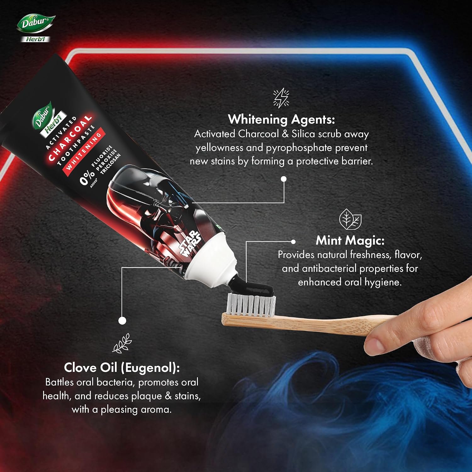 Dabur Herb'l Activated Charcoal & Mint Toothpaste - Star Wars Pack (Black Gel)- 240g (120gx2) Combo Pack | For Whitening | Fluoride Free Toothpaste | Fights Plaque & Extrinsic Stains thumbnail
