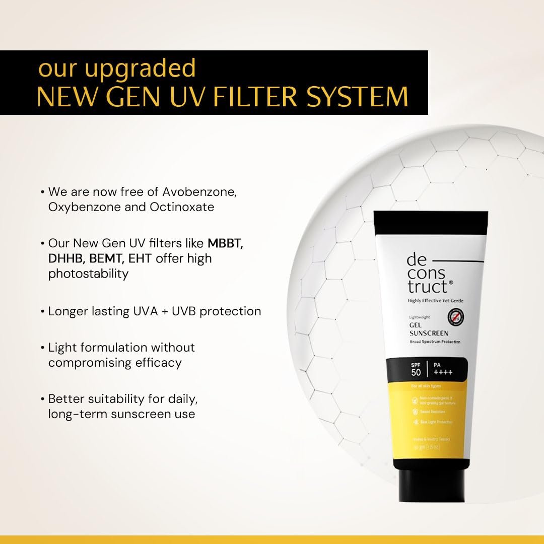 Deconstruct Gel Sunscreen for Oily skin SPF 50 PA++++ |100% Photostable Sunscreen |4 New Gen UV Filters |In-Vivo |Lightweight, Airy, Non-greasy |For oily, combination, normal skin | 50g thumbnail