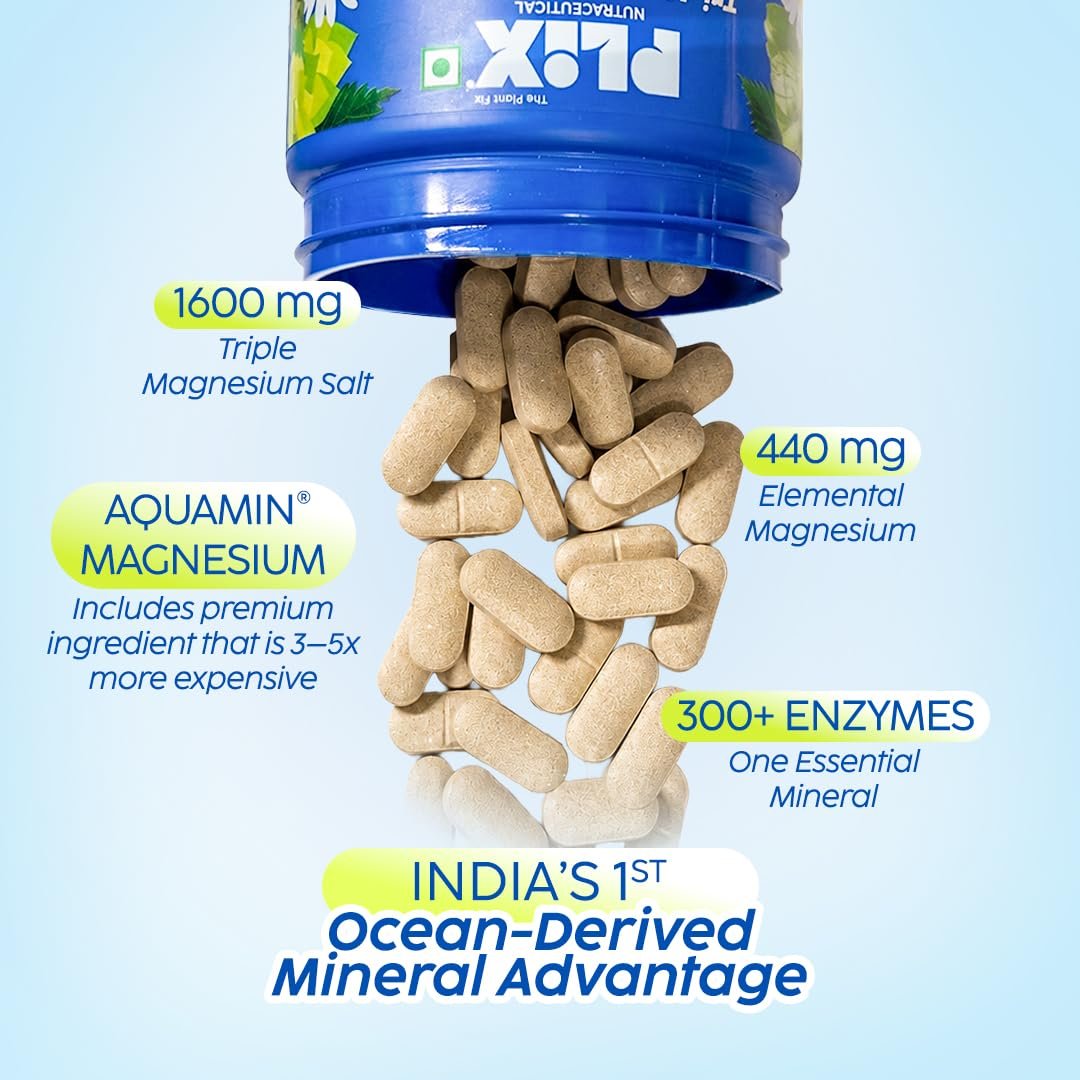 PLIX THE PLANT FIX Tri-Magnesium Plus Tablets | Bis-Glycinate & Chamomile Extract | 440mg Elemental Magnesium | High Absorption for Sleep, Muscle Recovery & Relaxation | 60 Tablets thumbnail