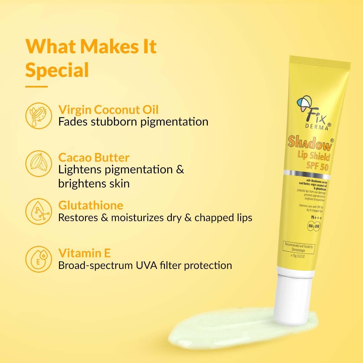 Fixderma Shadow SPF 50 Lip Shield Pa+++ Lip Balm with Cacao Seed Butter & Vitamin E | Prevents Pigmentation & Sun Damage | Lightens Pigmented Lips | Protects Against UVA & UVB Rays - 15gm thumbnail