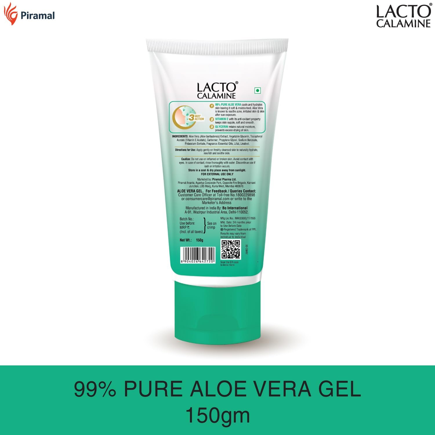 Lacto Calamine Aloe Vera Gel For Face | 150g | Moisturizer For Face With 99% Pure Natural AloeVera, Vitamin E & Glycerin For Hydrating Skin, Body & Hair | thumbnail