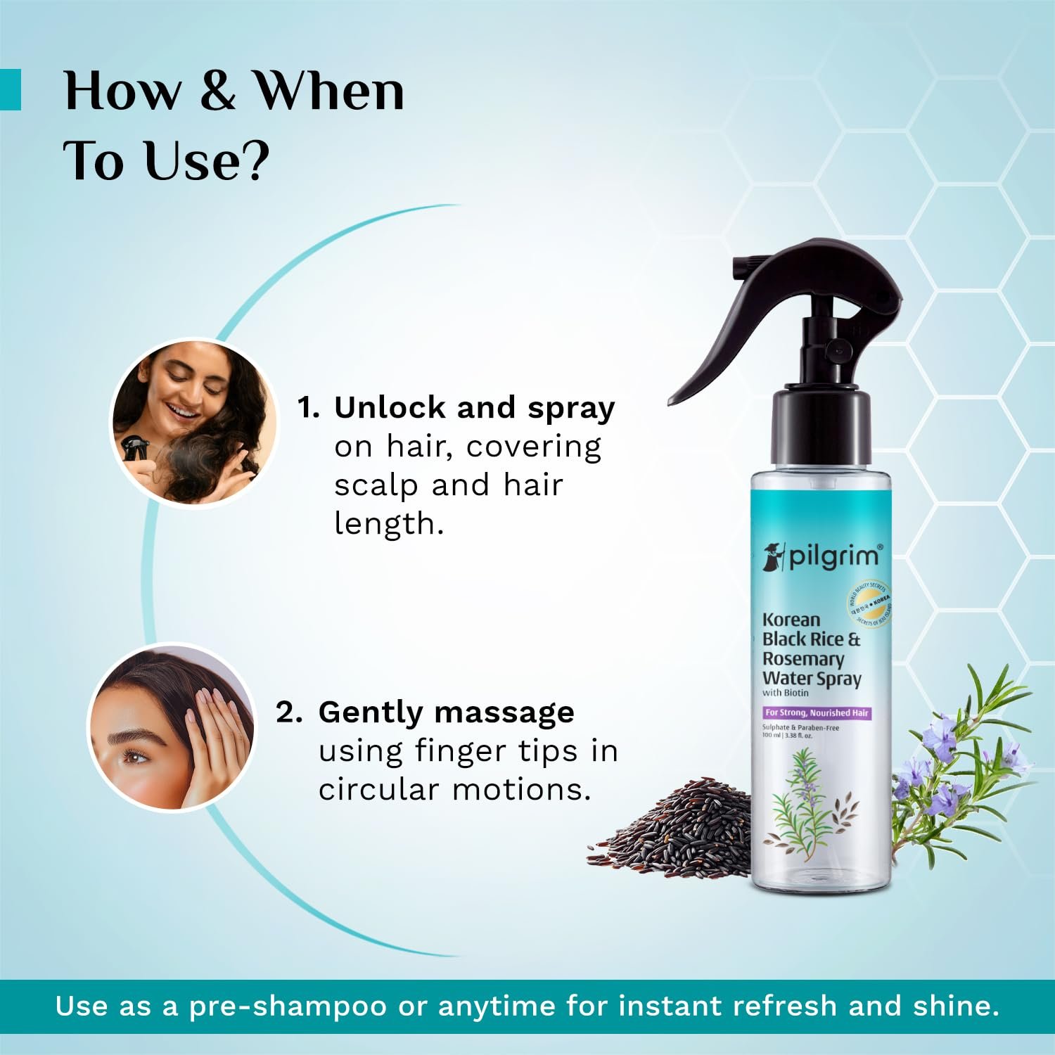 Pilgrim Korean Black Rice and Rosemary Water Spray With Biotin for Hair Growth 100ml | Hair Spray for Regrowth | Thicker & Stronger Hair | Sulphate & Paraben Free I For Women & Men thumbnail