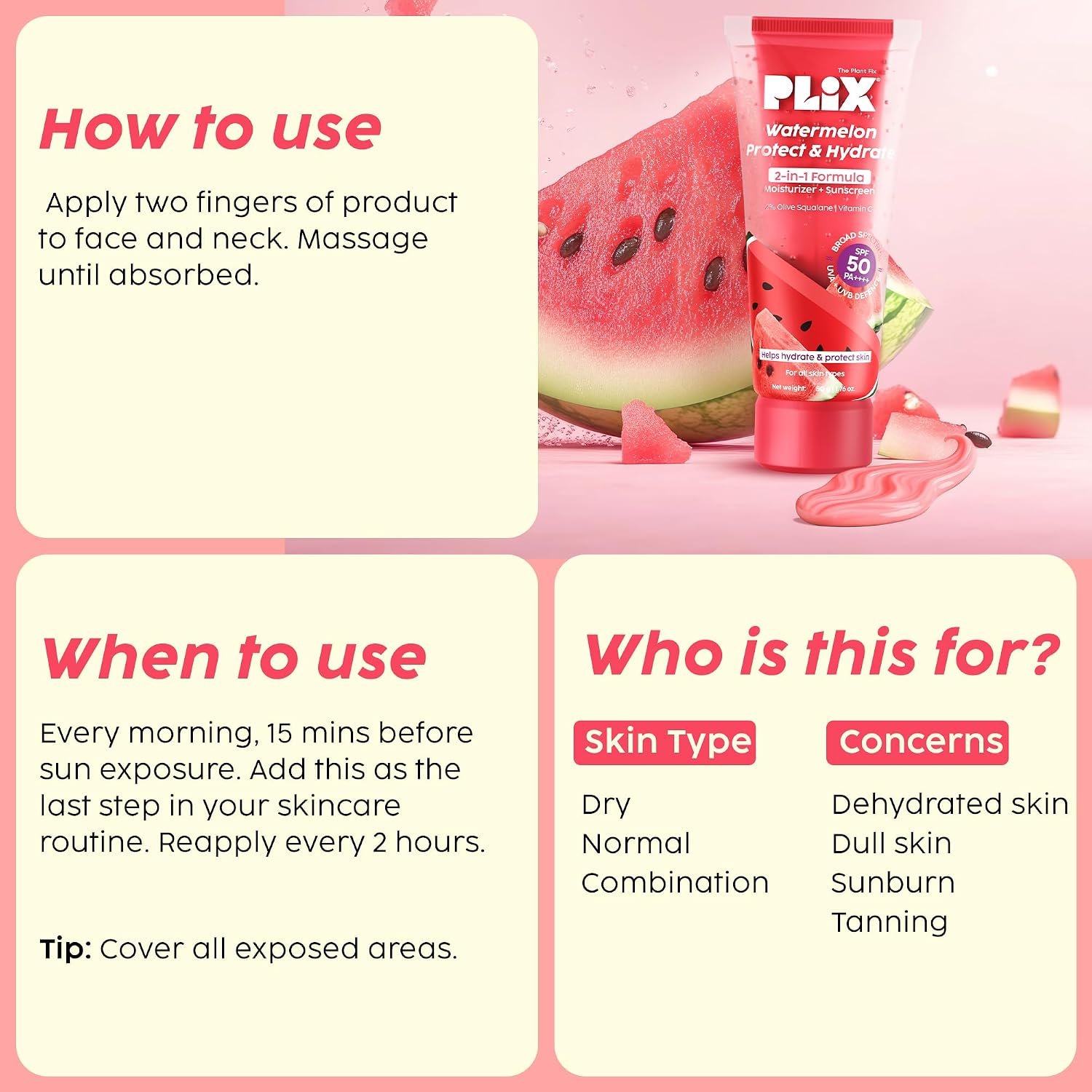 PLIX THE PLANT FIX Watermelon Protect & Hydrate 2-in-1 Formula | In Vivo Tested SPF 50 PA++++ | Moisturizer + Sunscreen | Lightweight, No White Cast thumbnail