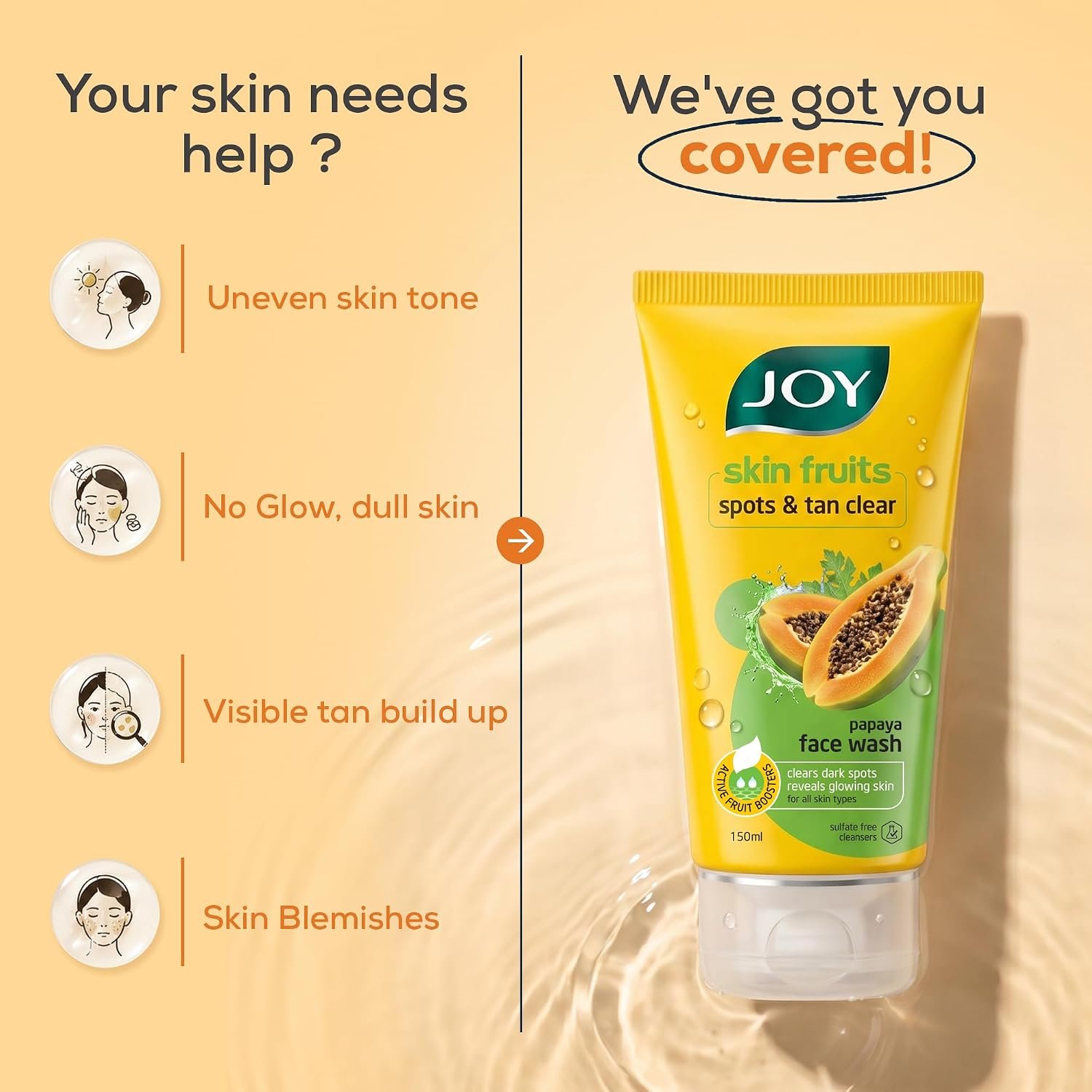 Joy Skin Fruits Spots & Tan Clear Face Wash 150ml | Enriched with Papaya & Vitamin C + A | For Healthy Glowing skin | Suitable for All Skin Types thumbnail