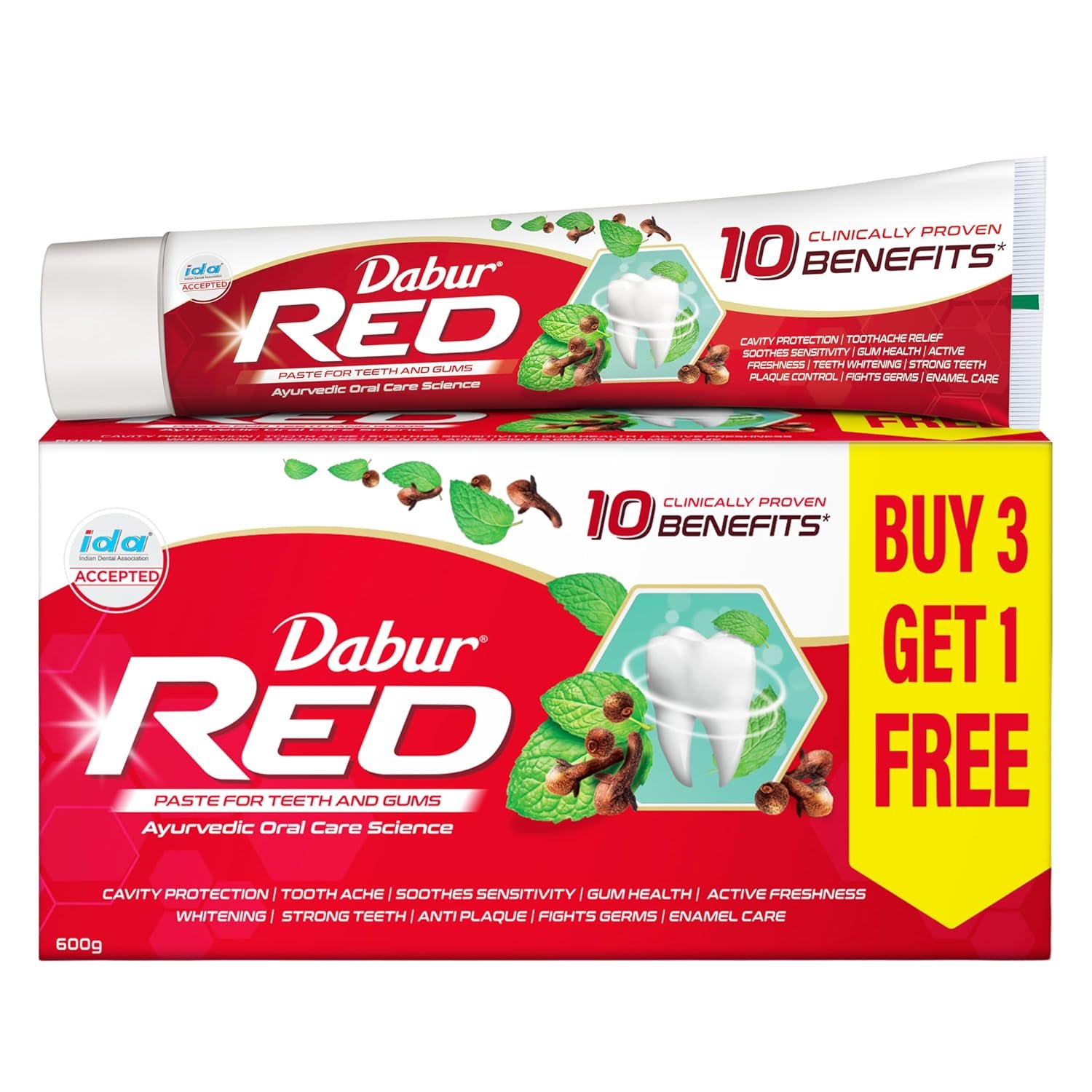 Dabur Red 600g (150g x 4, Pack of 4) Toothpaste - India's No.1 Ayurvedic Paste, Provides Protection Plaque Removal, Toothache, Yellow Teeth, Bad Breath- thumbnail