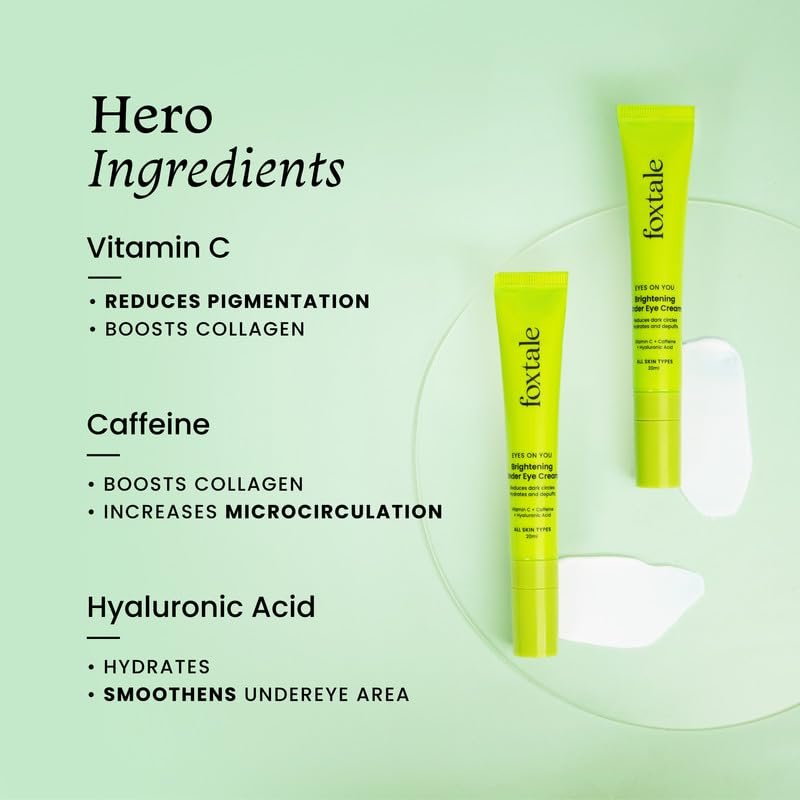Foxtale Brightening Under Eye Cream | Vitamin C, Caffeine, and Hyaluronic Acid | Reduces Dark Circles and Puffy Eyes | Brightens undereye with a Ceramic Tip | All Skin Types | 20ml thumbnail