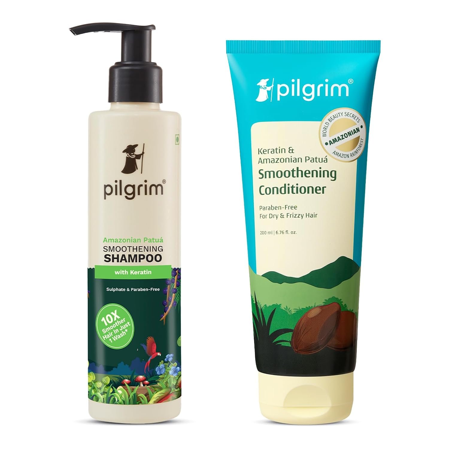 Pilgrim Patua & Keratin Hair SMOOTHENING SHAMPOO for Dry & Frizzy hair 200 ml & Amazonian Patuá & Keratin Hair Smoothing Conditioner-Unscented- For Dry & Frizzy Hair