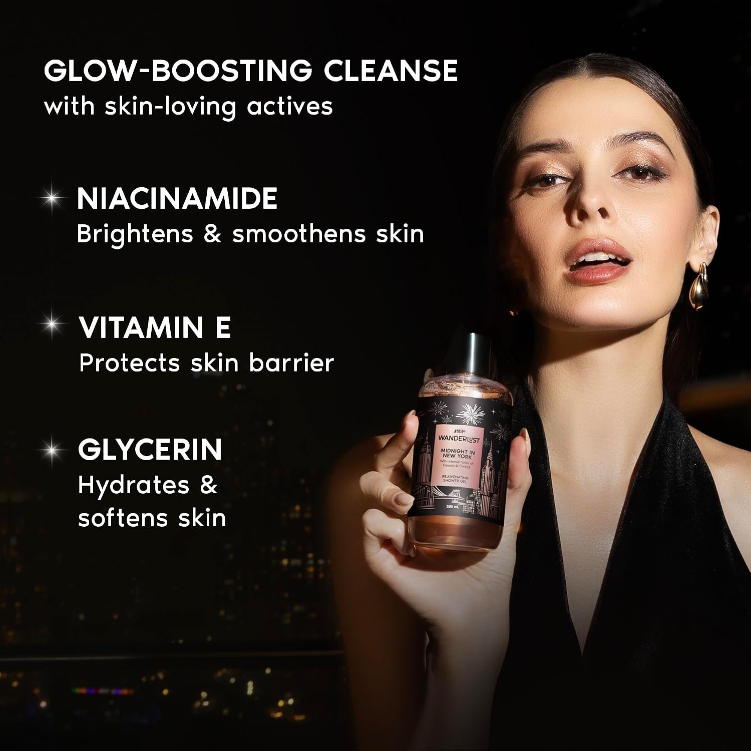 Nykaa Wanderlust Midnight in New York Detan Floral Perfume Body Wash, with Niacinamide, Vitamin E & Glycerine, Orchid & Musk, Shower Gel for Smooth & Soft Skin | 250 ml thumbnail