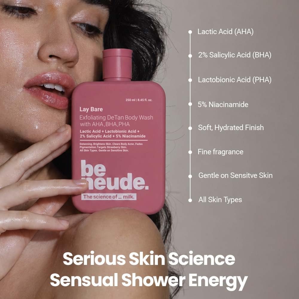 Be Neude Lay Bare Exfoliating DeTan Body Wash with AHA BHA PHA, 2% Salicylic Acid, 5% Niacinamide, Deep Cleansing and Brightening Body Wash for Glowing Skin, 250ml thumbnail
