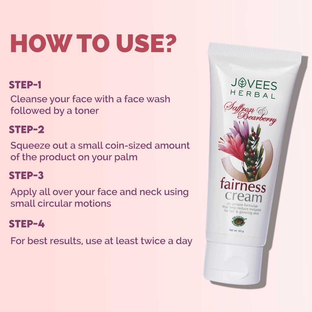Jovees Herbal Saffron & Bearberry Fairness Face Cream | For Women/Men | Bright, Even Toned and Glowing Skin | UVA/UVB Protection | Paraben and Alcohol Free | 60GM thumbnail