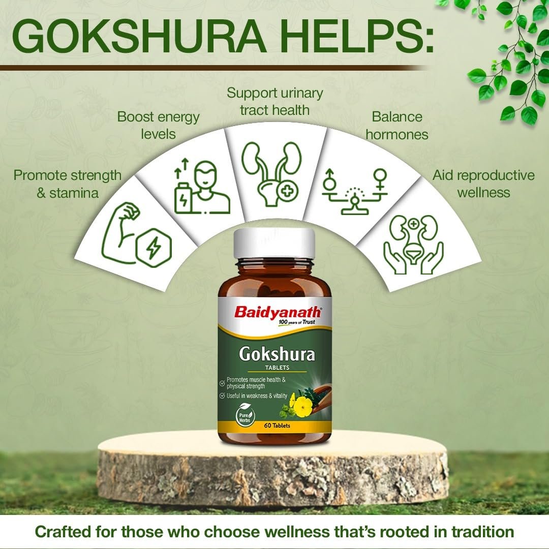 Baidyanath Ayurved Gokshura - 60 Tablets | Supports Strength & Vitality thumbnail